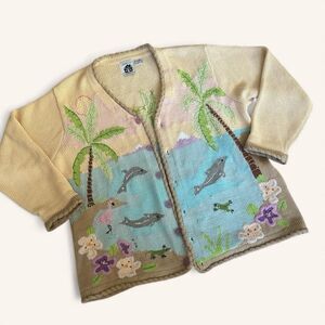 Storybook Knits Handknit Tropical Dolphin Flamingo Cardigan Sweater 1X Ramie